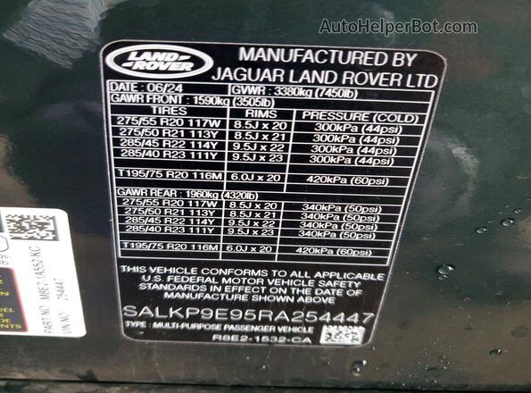 SALKP9E95RA254447 2024 LAND ROVER RANGE Зеленый Вид наклейки с VIN-кодом