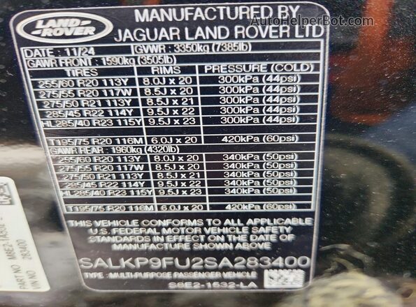 SALKP9FU2SA283400 2025 LAND ROVER RANGE Black Вид наклейки з VIN-кодом