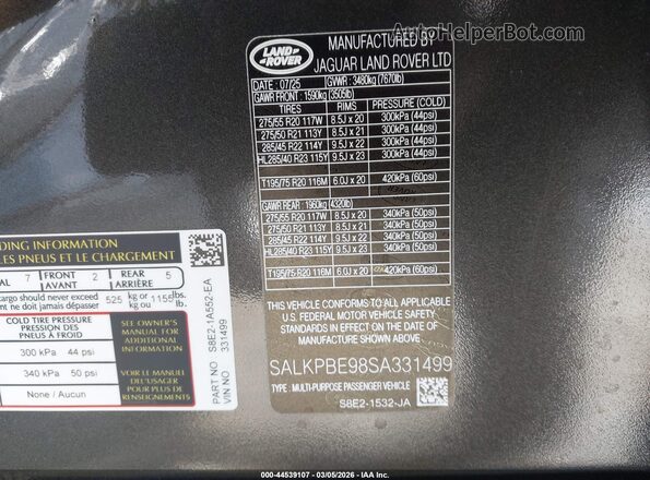 SALKPBE98SA331499 2025 LAND ROVER RANGE ROVER Black Вид підкапотного простору