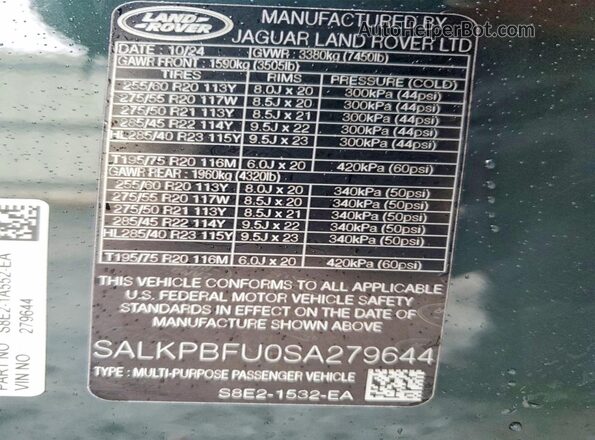 SALKPBFU0SA279644 2025 LAND ROVER RANGE Green Вид наклейки з VIN-кодом