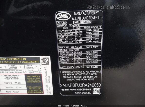 SALKPBFU3RA242050 2024 LAND ROVER RANGE ROVER Black Շարժիչի բաժամունքի տեսք