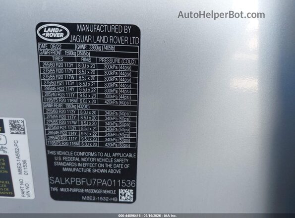 SALKPBFU7PA011536 2023 LAND ROVER RANGE ROVER Серебряный Вид подкапотного пространства