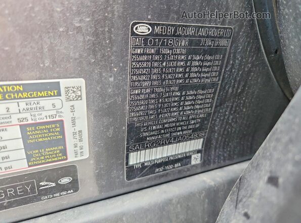 SALRG2RV4JA054838 2018 LAND ROVER DISCOVERY Серый Вид наклейки с VIN-кодом