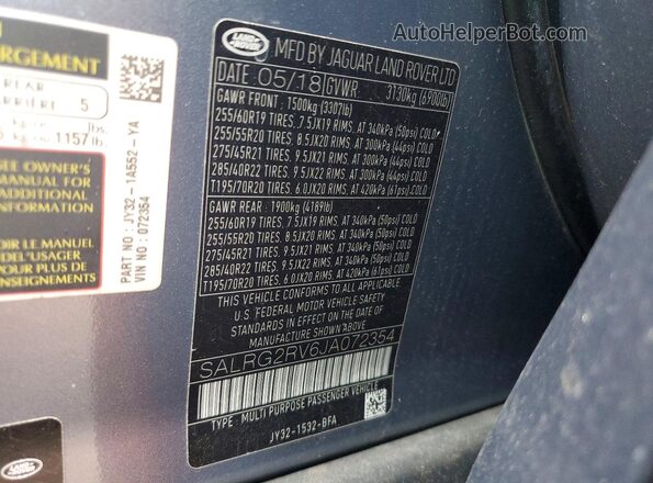 SALRG2RV6JA072354 2018 LAND ROVER DISCOVERY Синий Вид наклейки с VIN-кодом