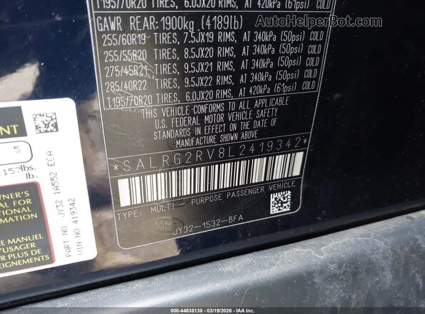 SALRG2RV8L2419342 2020 LAND ROVER DISCOVERY Navy Vista del compartimento del motor