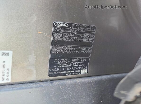 SALRL4EUXR2491608 2024 LAND ROVER DISCOVERY Серый Вид наклейки с VIN-кодом