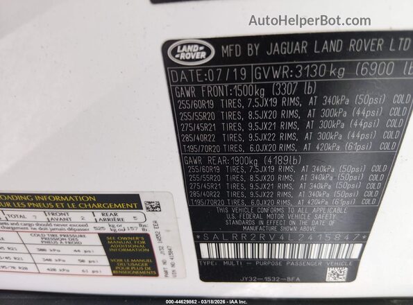 SALRR2RV4L2415847 2020 LAND ROVER DISCOVERY Белый Вид подкапотного пространства