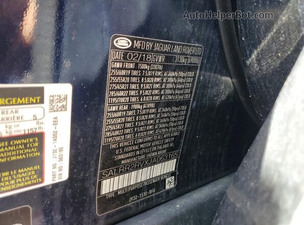 SALRR2RVXJA063165 2018 LAND ROVER DISCOVERY Синий Вид наклейки с VIN-кодом