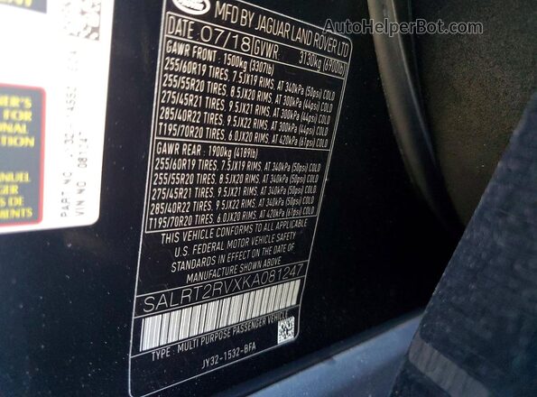 SALRT2RVXKA081247 2019 LAND ROVER DISCOVERY Черный Вид наклейки с VIN-кодом
