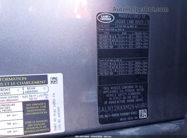 SALRT2RXXM2448985 2021 LAND ROVER DISCOVERY Gray Вид підкапотного простору