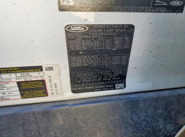 SALRT4EU8N2459654 2022 LAND ROVER DISCOVERY White Vista de la etiqueta del VIN