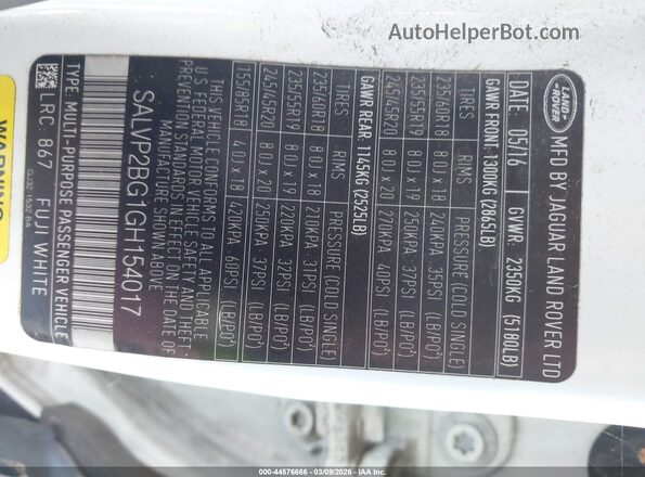 SALVP2BG1GH154017 2016 LAND ROVER RANGE ROVER EVOQUE Белый Вид подкапотного пространства