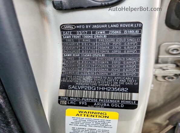SALVP2BG1HH235682 2017 LAND ROVER RANGE Silver Widok naklejki z numerem VIN