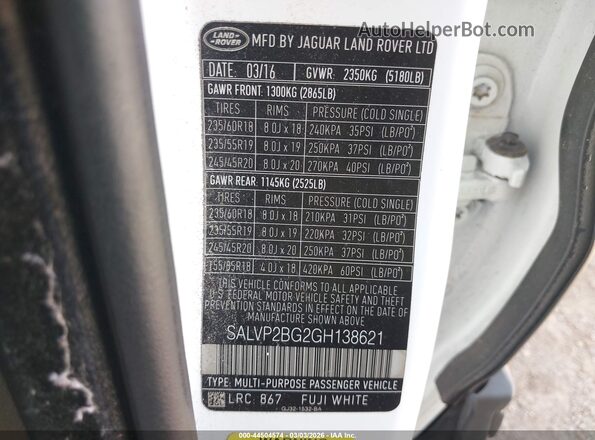 SALVP2BG2GH138621 2016 LAND ROVER RANGE ROVER EVOQUE Белый Вид подкапотного пространства