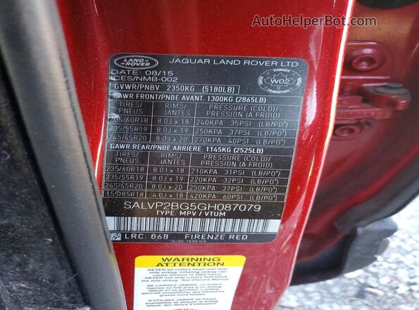 SALVP2BG5GH087079 2016 LAND ROVER RANGE Красный Вид наклейки с VIN-кодом