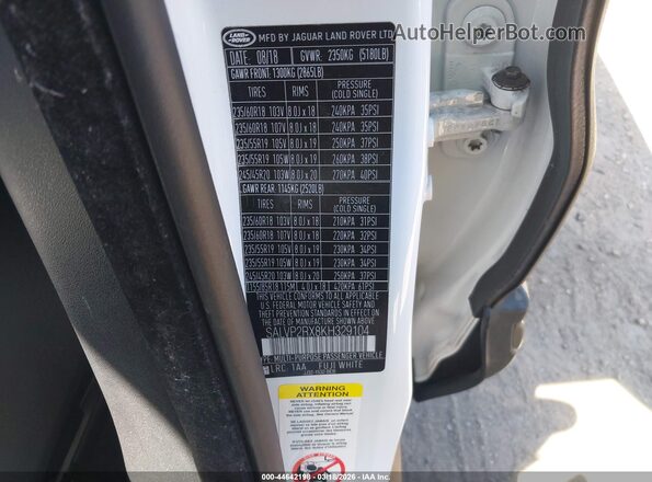 SALVP2RX8KH329104 2019 LAND ROVER RANGE ROVER EVOQUE Белый Вид подкапотного пространства