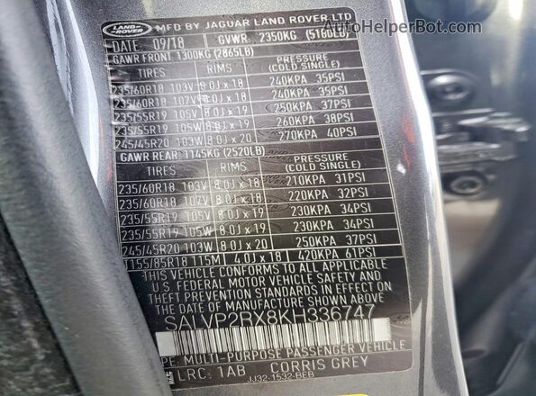 SALVP2RX8KH336747 2019 LAND ROVER RANGE Серый Вид наклейки с VIN-кодом