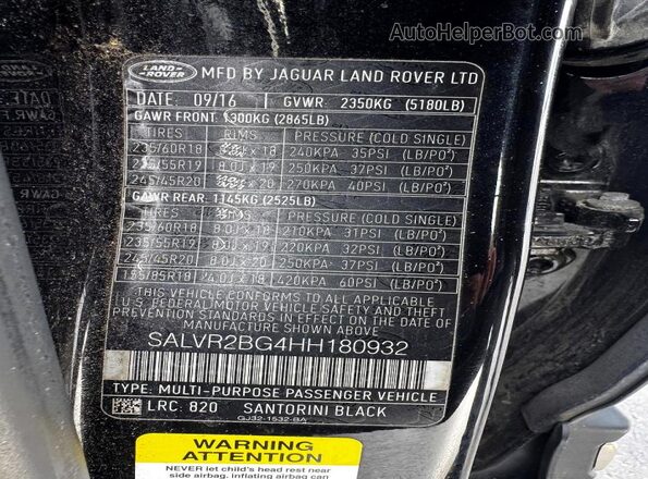 SALVR2BG4HH180932 2017 LAND ROVER RANGE ROVER Black Vista de la etiqueta del VIN
