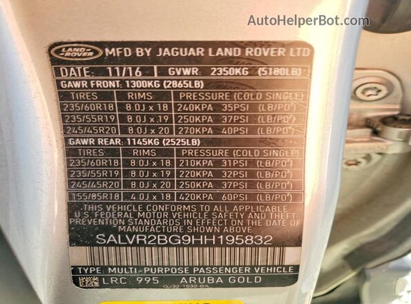 SALVR2BG9HH195832 2017 LAND ROVER RANGE Silver Vista de la etiqueta del VIN