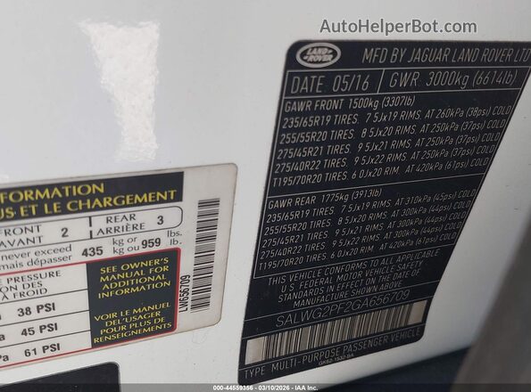 SALWG2PF2GA656709 2016 LAND ROVER RANGE ROVER SPORT White Widok komory silnika