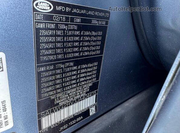 SALWG2RV3JA404415 2018 LAND ROVER RANGE Белый Вид задних сидений