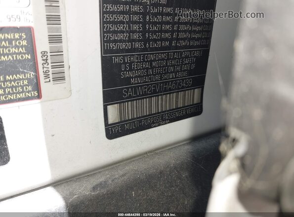 SALWR2FV1HA673439 2017 LAND ROVER RANGE ROVER SPORT White Widok komory silnika