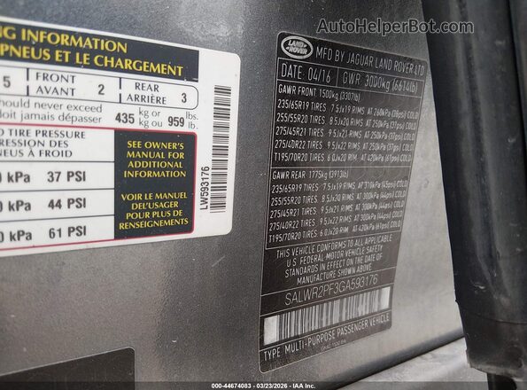 SALWR2PF3GA593176 2016 LAND ROVER RANGE ROVER SPORT Gray Widok komory silnika