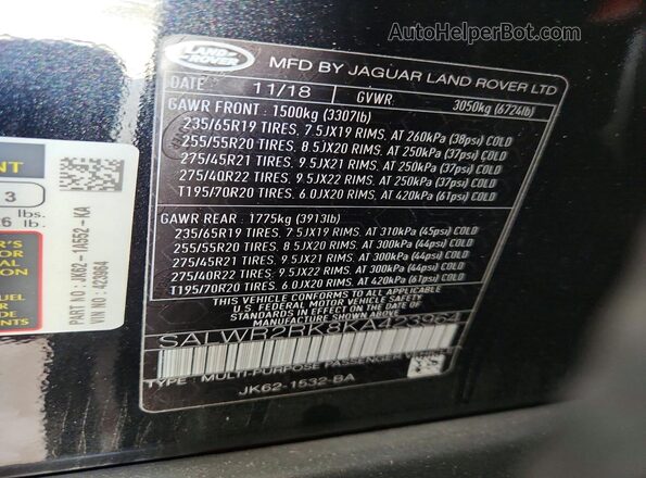 SALWR2RK8KA423964 2019 LAND ROVER RANGE Black Widok naklejki z numerem VIN