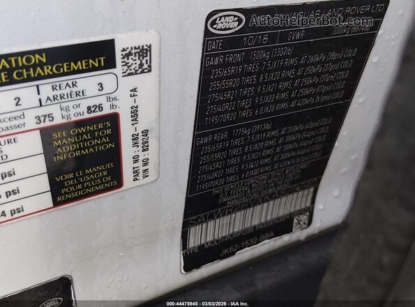 SALWR2RVXKA829240 2019 LAND ROVER RANGE ROVER SPORT White Widok komory silnika