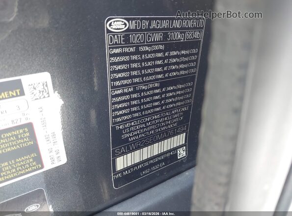 SALWR2SE0MA761494 2021 LAND ROVER RANGE ROVER SPORT Gray Vista del compartimento del motor