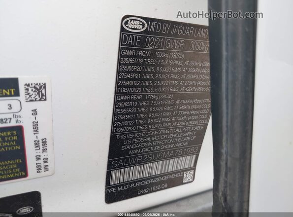 SALWR2SU6MA781983 2021 LAND ROVER RANGE ROVER SPORT Белый Вид подкапотного пространства