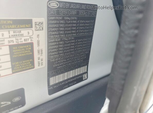 SALWR2SUXLA718481 2020 LAND ROVER RANGE White Vista interior de 360 grados