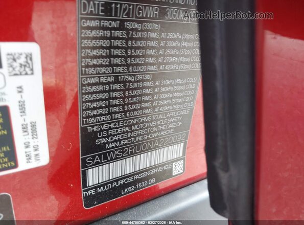 SALWS2RU0NA220092 2022 LAND ROVER RANGE ROVER SPORT Orange Widok komory silnika
