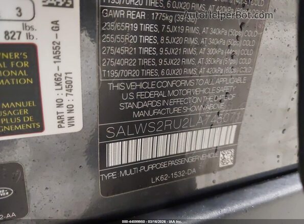 SALWS2RU2LA745071 2020 LAND ROVER RANGE ROVER SPORT Gray Вид підкапотного простору