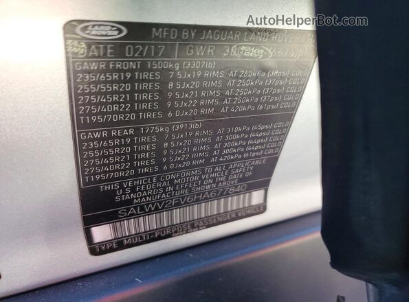 SALWV2FV6HA677840 2017 LAND ROVER RANGE Silver Vista de la etiqueta del VIN