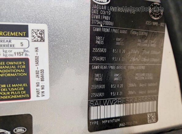SALWV2RE5KA856633 2019 LAND ROVER RANGE Silver Widok naklejki z numerem VIN