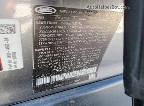 SALWV2SVXJA806089 2018 LAND ROVER RANGE Gray Widok naklejki z numerem VIN