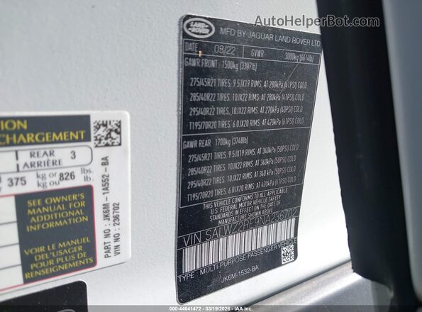 SALWZ2RE9NA236702 2022 LAND ROVER RANGE ROVER SPORT White Vista del compartimento del motor