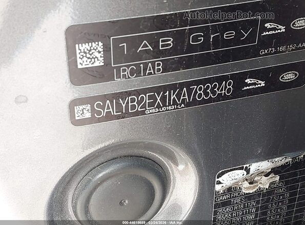 SALYB2EX1KA783348 2019 LAND ROVER RANGE ROVER VELAR Gray Vista del compartimento del motor