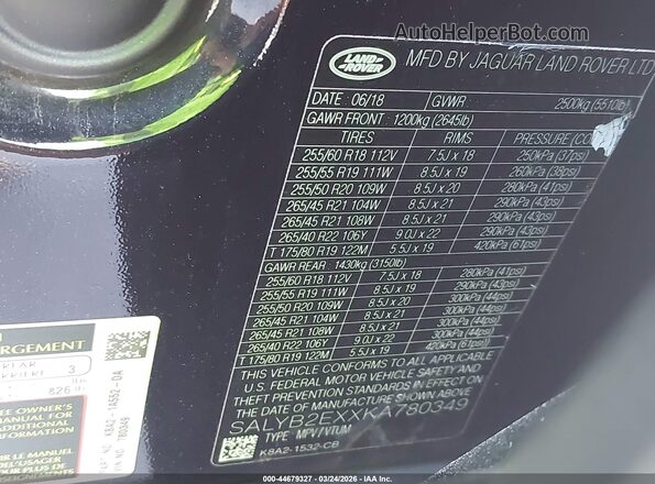 SALYB2EXXKA780349 2019 LAND ROVER RANGE ROVER VELAR Black Widok komory silnika