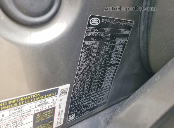 SALYB2FV6KA218705 2019 LAND ROVER RANGE Gray Vista interior de 360 grados