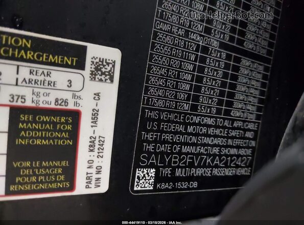 SALYB2FV7KA212427 2019 LAND ROVER RANGE ROVER VELAR Black ძრავის განყოფილების ხედი
