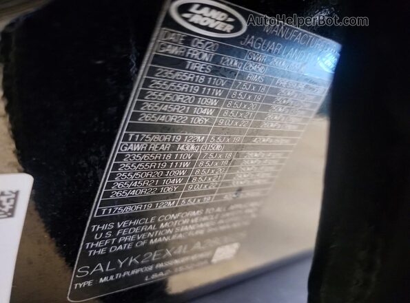 SALYK2EX4LA280625 2020 LAND ROVER RANGE Черный Вид наклейки с VIN-кодом