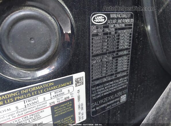 SALYK2EXXLA266101 2020 LAND ROVER RANGE ROVER VELAR Black Շարժիչի բաժամունքի տեսք
