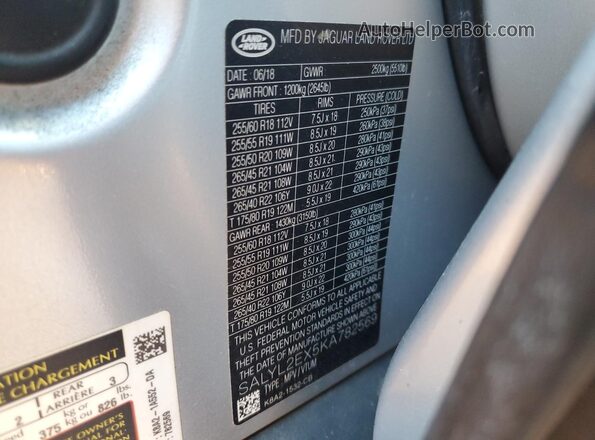 SALYL2EX5KA782569 2019 LAND ROVER RANGE Silver Widok naklejki z numerem VIN