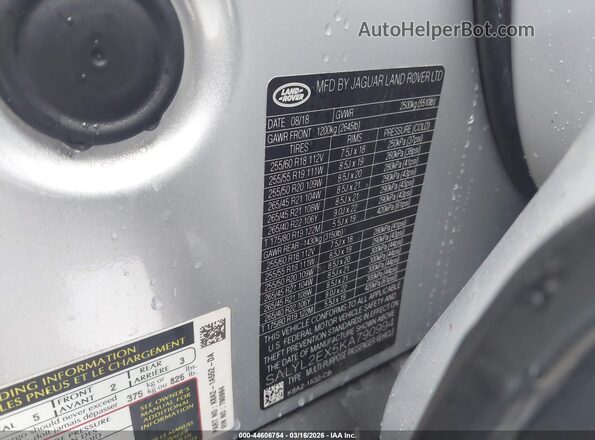 SALYL2EX5KA790994 2019 LAND ROVER RANGE ROVER VELAR Silver Widok komory silnika