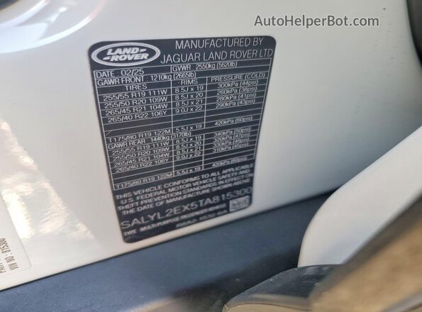 SALYL2EX5TA815300 2026 LAND ROVER RANGE White Widok naklejki z numerem VIN