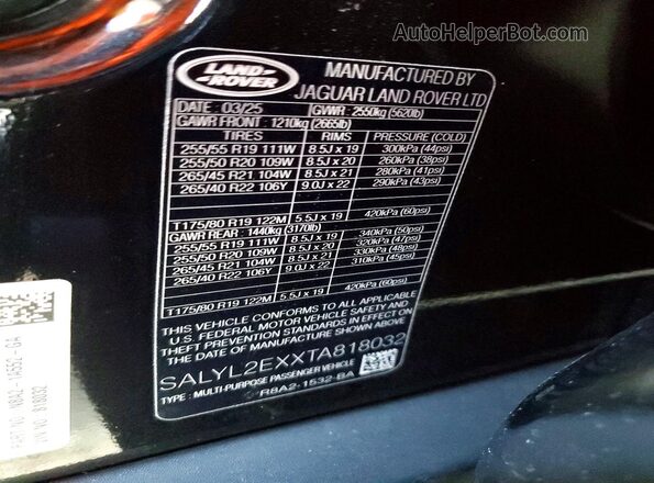 SALYL2EXXTA818032 2026 LAND ROVER RANGE Черный Вид наклейки с VIN-кодом