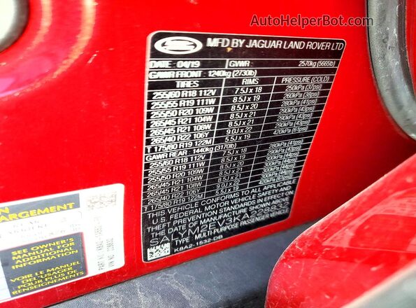 SALYM2EV3KA228832 2019 LAND ROVER RANGE Красный Вид наклейки с VIN-кодом