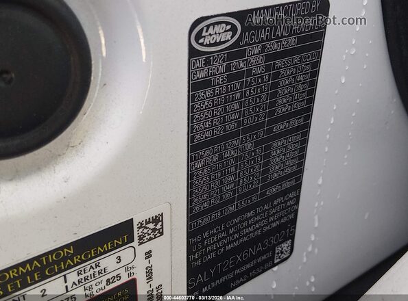 SALYT2EX6NA330215 2022 LAND ROVER RANGE ROVER VELAR White ძრავის განყოფილების ხედი